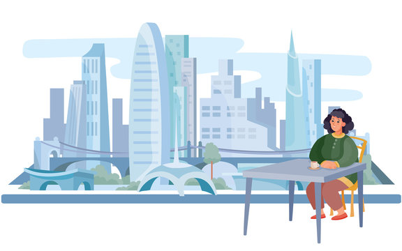 Against the background of the big morning city, a girl sits at a coffee table, waiting for a boyfriend or girlfriend, vector illustration