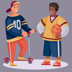 a teenager on a scooter and in a cap is talking with a sportsman holding a ball, dialogue, dispute, question, vector illustration