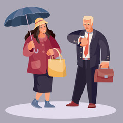 elegant woman in a hat with an umbrella and with a bag asks the man for time, he is in a hurry somewhere and is holding a briefcase, vector illustration