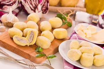 Potato gnocchi stuffed with radicchio and ricotta.