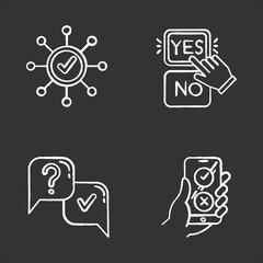 Survey chalk icons set. Correct answer, approve option. Spread structure. Yes and no button click. Question and answer. FAQ sign. Online feedback. Isolated vector chalkboard illustrations