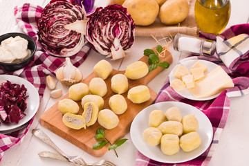 Potato gnocchi stuffed with radicchio and ricotta.