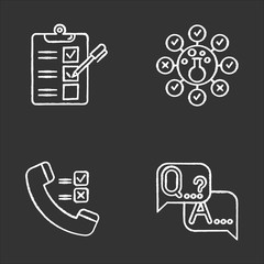 Fototapeta premium Survey methods chalk icons set. Telephone poll. Chemical analysis. Questionnaire. Interview. Public opinion. Customer review. Feedback. Data collection. Isolated vector chalkboard illustrations