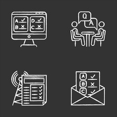 Survey methods chalk icons set. Online, email, internet connection poll. Interview. Public opinion. Customer review. Feedback. Data collection. Isolated vector chalkboard illustrations