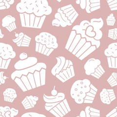 Cupcake background - Vector seamless pattern solid silhouettes of sweet, dessert, muffin, cake and snack for graphic design