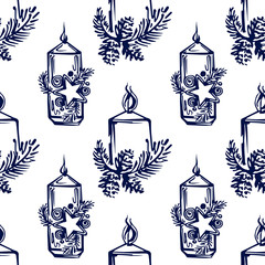 Fototapeta na wymiar Seamless pattern with hand drawn Christmas candles on white background