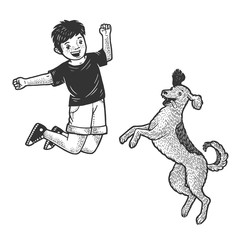 Happy jumping boy kid with pet dog sketch engraving vector illustration. T-shirt apparel print design. Scratch board style imitation. Black and white hand drawn image.