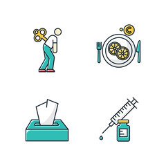Common cold color icons set. Fatigue and exhaustion. Vitamin C in lemon slices. Disposable wipes. Pack of tissues. Vaccination and immunization. Healthcare. Pharmacy. Isolated vector illustrations
