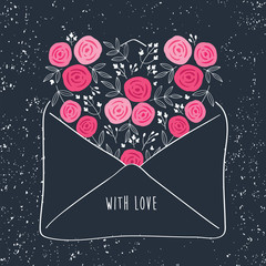 Obraz na płótnie Canvas With love letter. Cute postcard with vintage heart of the pink flowers. Wedding invitation. Greeting card for Valentine's Day, Mother's Day, birthday, March 8. Dark grey background. Vector.