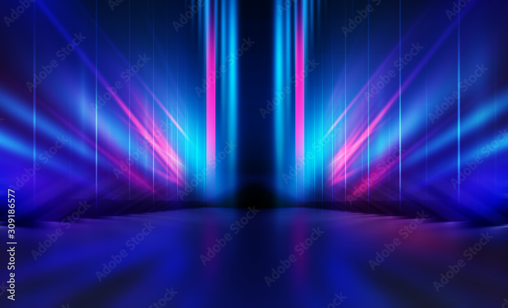 Aufkleber Empty dark abstract background. Background of empty show scene. Glow of neon lights on an empty concert venue. Reflection of light on the pavement.