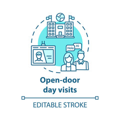 Open door day visits concept icon. Presentation of international university. Study invitation. University entrance idea thin line illustration. Vector isolated outline drawing. Editable stroke