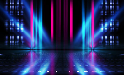 Empty dark abstract background. Background of empty show scene. Glow of neon lights on an empty...