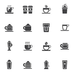 Fototapeta na wymiar Coffee shop cups vector icons set, modern solid symbol collection, filled style pictogram pack. Signs, logo illustration. Set includes icons as take away coffee cup, frappe glass, hot tea, cappuccino
