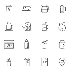 Drinks menu line icons set. linear style symbols collection, outline signs pack. vector graphics. Set includes icons as take away coffee cup, paper milk pack, menu book, juice package, milkshake, cup