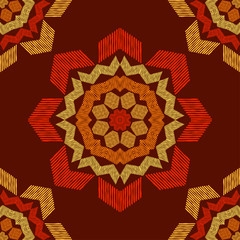 Ethnic boho seamless pattern. Lace. Embroidery on fabric. Patchwork texture. Weaving. Traditional ornament. Tribal pattern. Folk motif. Vector illustration for web design or print.