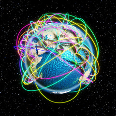 Cartoon stylized Earth with colorful glowing line web - 3D rendering with clipping path