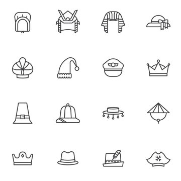 Carnival party headgear line icons set. Headdress linear style symbols collection outline signs pack. vector graphics. Set includes icons as woman hat, king crown, pharaoh, pirate, pilot cap, cowboy