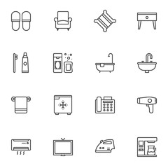 Hotel service line icons set. linear style symbols collection, outline signs pack. vector graphics. Set includes icons as slippers, armchair, bath accessories, coffee machine, television set, fridge