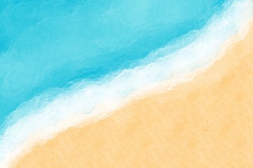 Turquoise ocean water with sea foam and yellow sand, top view