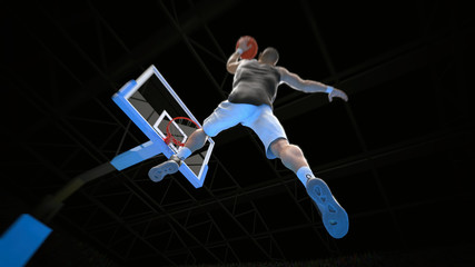 Bottom view of dunk in basketball arena player is scoring for sure 3d render © bekirevren