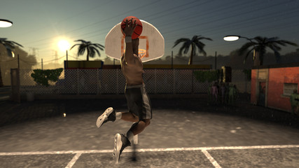One hand dunk on street court shirtless basketball player slam dunking 3d render © bekirevren