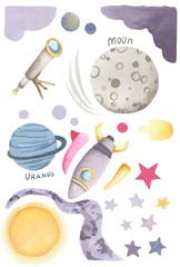 Hand drawn watercolor isolated illustration on the white flat background. Cosmos theme objects set. © Emma Mars