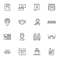 Restaurant service line icons set. linear style symbols collection, outline signs pack. vector graphics. Set includes icons as menu booklet, waiter, reserve, chief food, beverages, payment service