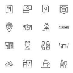 Restaurant service line icons set. linear style symbols collection, outline signs pack. vector graphics. Set includes icons as menu booklet, waiter, reserve, chief food, beverages, payment service