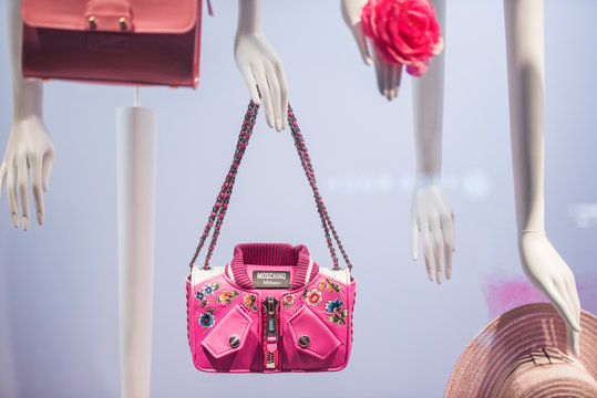 Paris, France - May 6, 2017: Moschino handbags in a luxury store in Paris.