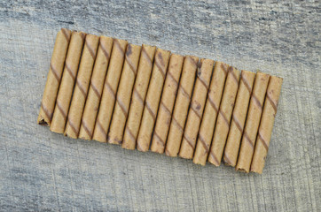 Delicious chocolate waffle roll stick lined up