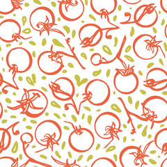 Line art hand drawn tomato pattern on white background. Veggie, healthy eating. Yummy design for restaurant, kitchen, menu card, cookery and food packaging.