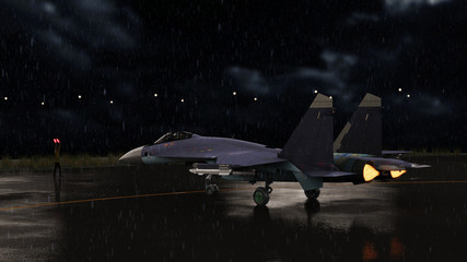 Russian jet fighter heading to runway engines running under rain 3d render - obrazy, fototapety, plakaty
