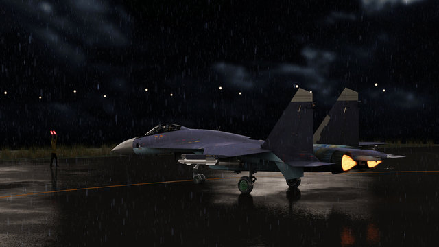 Russian jet fighter heading to runway engines running under rain 3d render