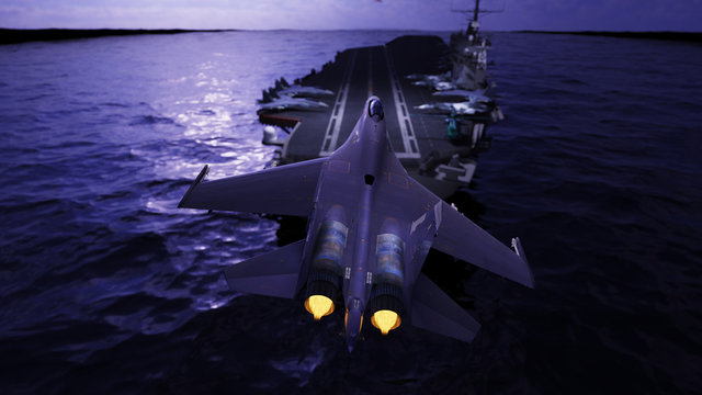 Russian Military Airplane Landing On Aircraft Carrier Ship In Ocean 3d Render