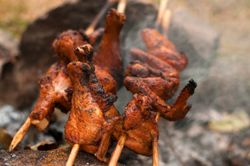 Closeup of a barbecue grill with drumstick