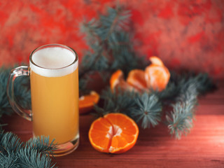 Mug craft Mandarin Christmas beer on bright festive background