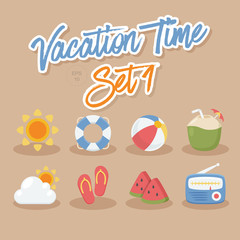 Vacation Time Set 1, Beach, Summer, Hot season, Icon, iconset, Vector Illustration, Banner, Web, Design, Template, Elements.	