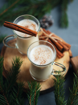 Traditional hot winter and Christmas drink egg nog with cinnamon in glasses on the table with tree branches