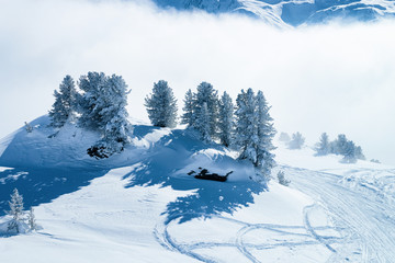 Fototapeta na wymiar Landscape in Zillertal Arena ski resort in clouds in Austria