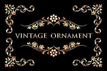 Metallic ornament set. Vintage frame background.
