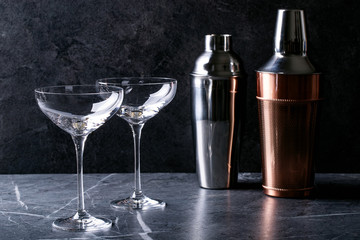 Variety of empty cocktail drinking glasses