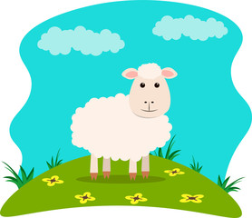 Obraz na płótnie Canvas Vector illustration of farm animals on landscape background - cute sheep in cartoon style.