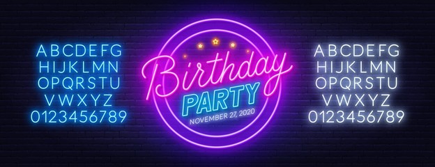 Neon sign birthday party on brick wall background. Invitation to the celebration. Template for design with fonts.