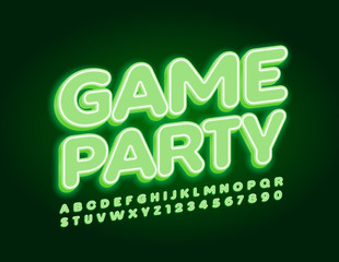 Vector bright Sign Game Party. Modern electric Font. Green glowing Alphabet Letters and Numbers