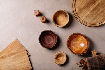 Variety of empty wooden bowls