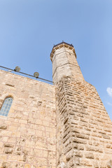 The mosque with minaret located on the territory of the grave of the prophet Samuel rises above the...