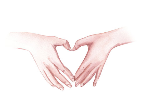 Watercolor illustration on a white background. Heart sign made of fingers.