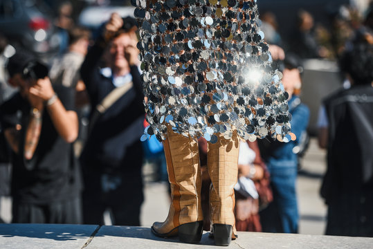 September 27, 2018: Paris, France - Girl wearing a fancy skirt made from glass pieces during Paris Fashion Week, street style concept  - PFWSS19