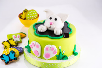 easter rabbit fondant cake with easter cookies