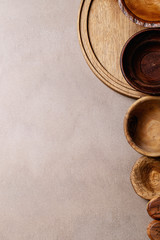 Variety of empty wooden bowls
